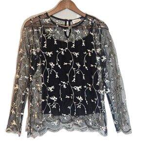 New & Next Shirt Womens‎ Medium Black Sheer Mesh Floral Embroidered Top Blouse